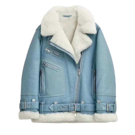 Women's Notch Faux Shearling Moto Leather Jacket-Women Shearling Jacket-Wayne Leather Jackets