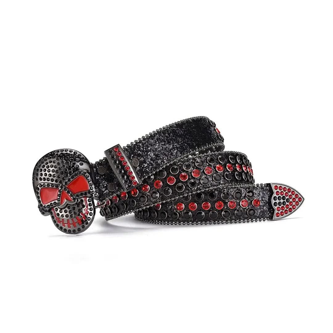 Skull Buckle Black Strap with Black and Red Studs Rhinestone Belt-Belts-The Rhinestone Belts