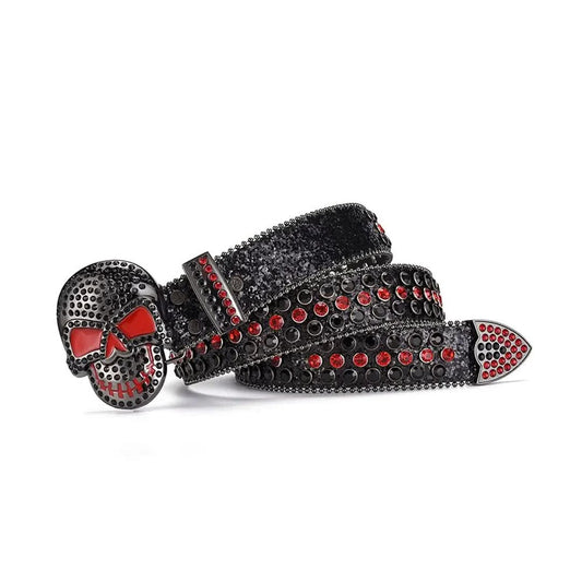 Skull Buckle Black Strap with Black and Red Studs Rhinestone Belt-Belts-The Rhinestone Belts