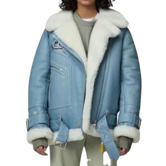 Women's Notch Faux Shearling Moto Leather Jacket-Women Shearling Jacket-Wayne Leather Jackets