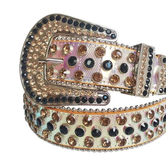 Black and Gold Rhinestones with Pink Chromatic Strap Rhinestone Belt-Belts-The Rhinestone Belts