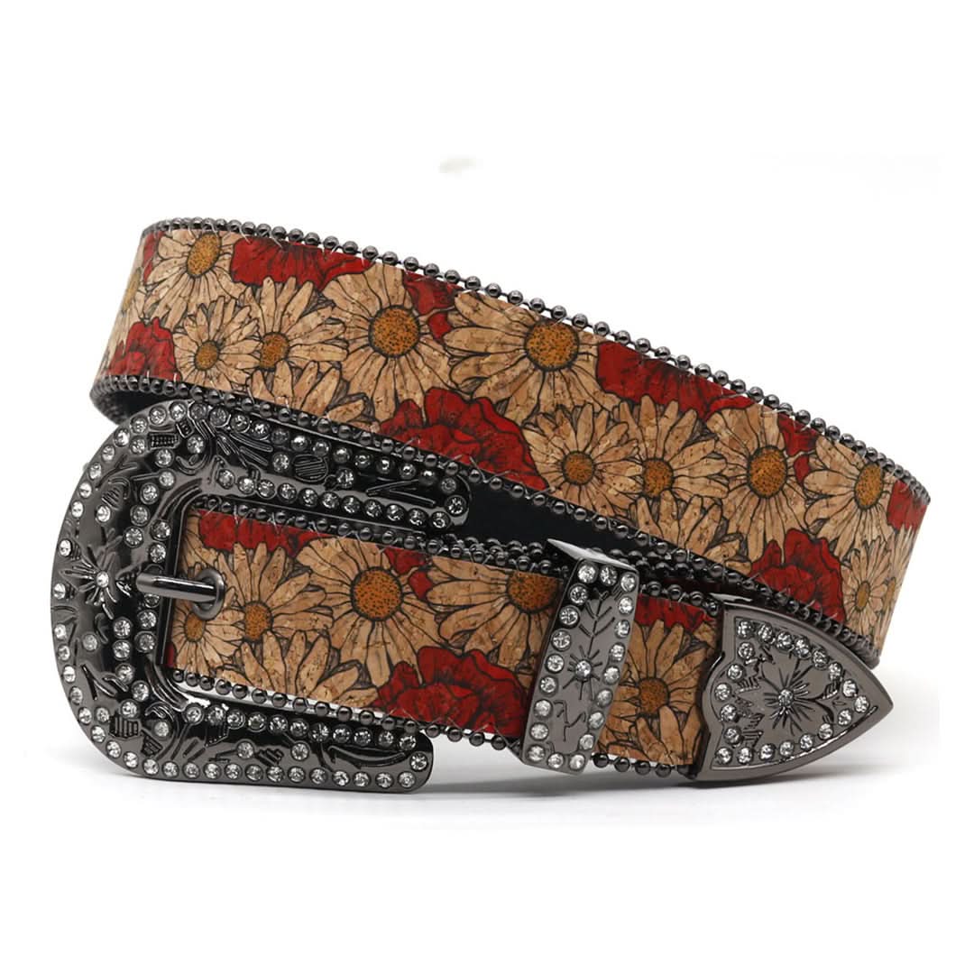 Flower Art Engraved Buckle with White Strap Rhinestone Belt-Belts-The Rhinestone Belts