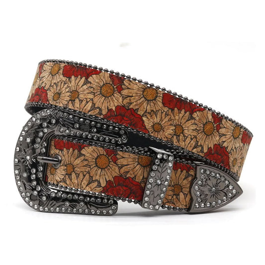 Flower Art Engraved Buckle with White Strap Rhinestone Belt-Belts-The Rhinestone Belts