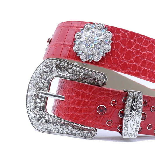 Engraved Buckle Flower Red Strap with Red Studded Design Rhinestone Belt-Belts-The Rhinestone Belts