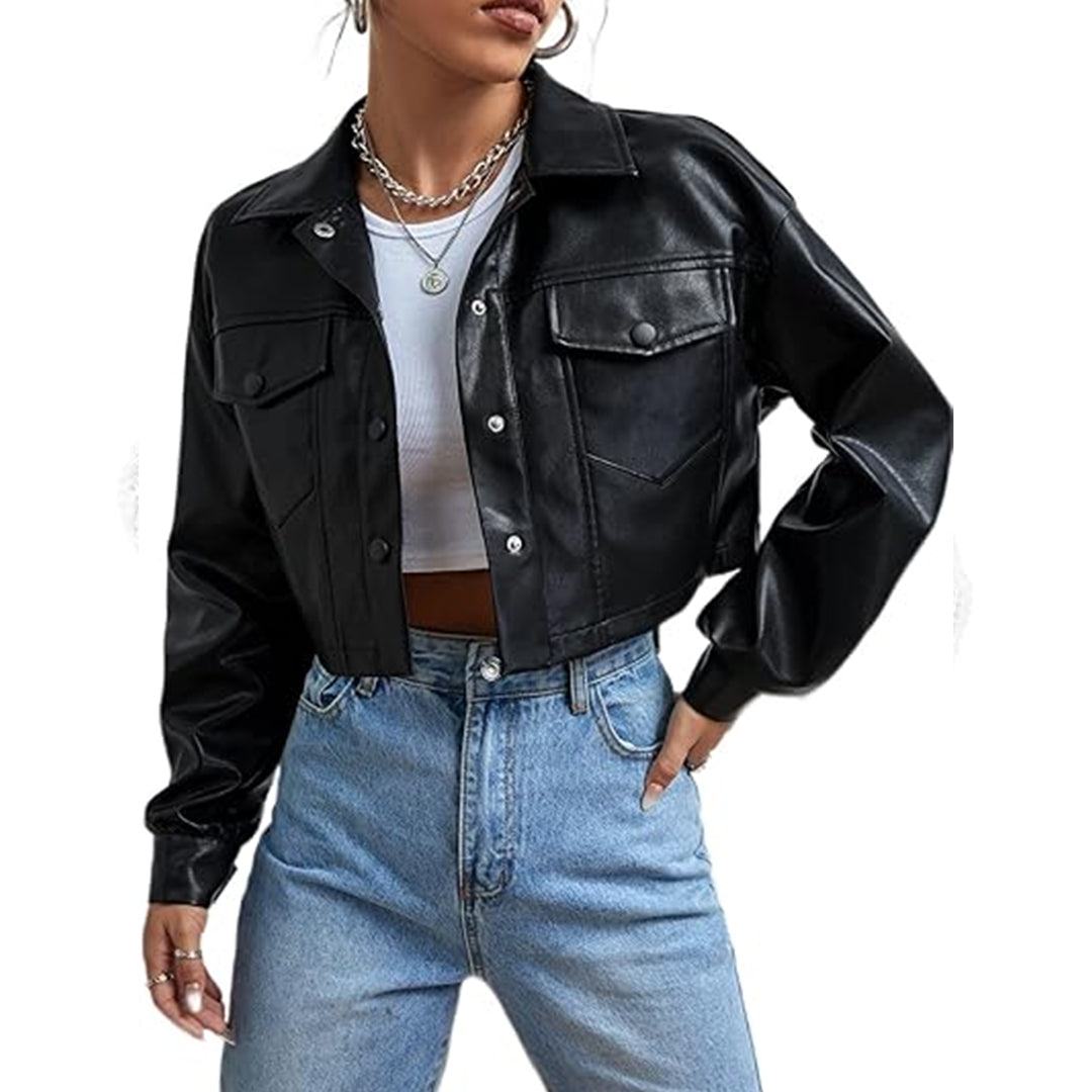 Women's Black Buttoned Up Leather Cropped Jacket