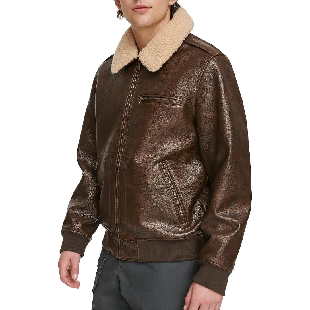 Men's Faux Sherpa Collar Bomber Leather Jacket