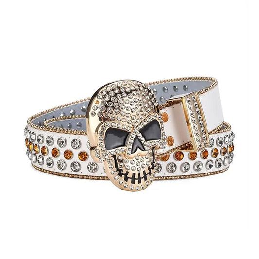 Skull Buckle White Strap with Crystal and Gold Studs Rhinestone Belt-Belts-The Rhinestone Belts