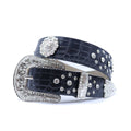 Engraved Buckle Flower Black Strap with Crystal Studs Rhinestone Belt-Belts-The Rhinestone Belts