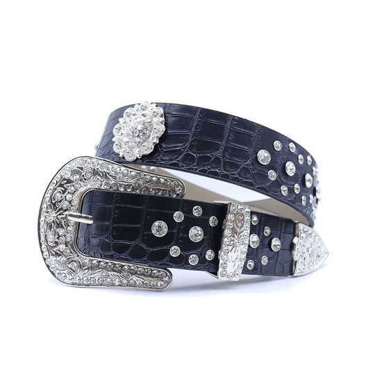 Engraved Buckle Flower Black Strap with Crystal Studs Rhinestone Belt-Belts-The Rhinestone Belts