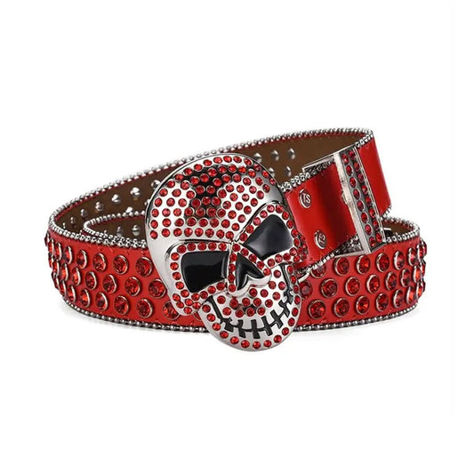 Skull Buckle Red Strap with Red Studs Rhinestone Belt-Belts-The Rhinestone Belts