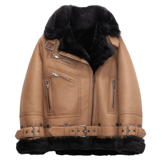 Women's Notch Faux Shearling Moto Leather Jacket-Women Shearling Jacket-Wayne Leather Jackets
