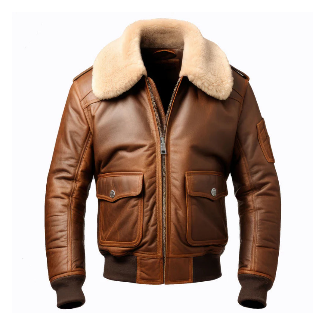 Men's Brown Aviator Casual Lapel Fur Leather Jacket