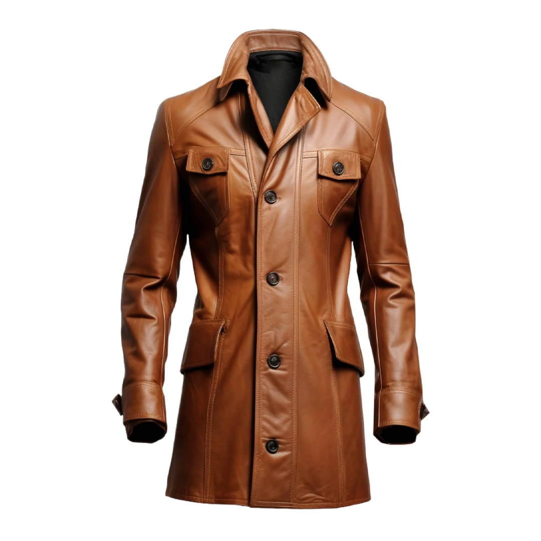 Brown Stylish Erect Style Leather Coat