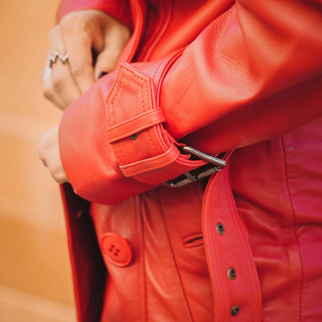 Women's Red Double Breasted Leather Trench Coat