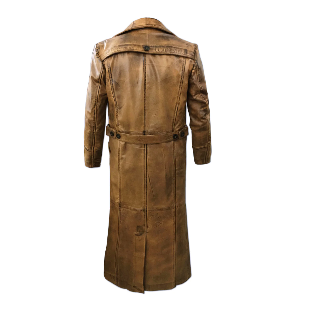 Brown Distressed Vintage Below Knee Long Leather Coat