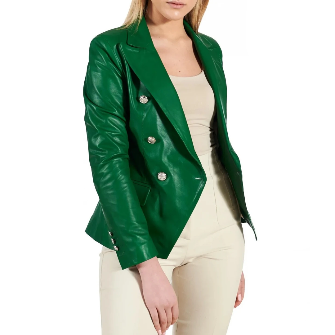 Women's Green Breasted Leather Coat