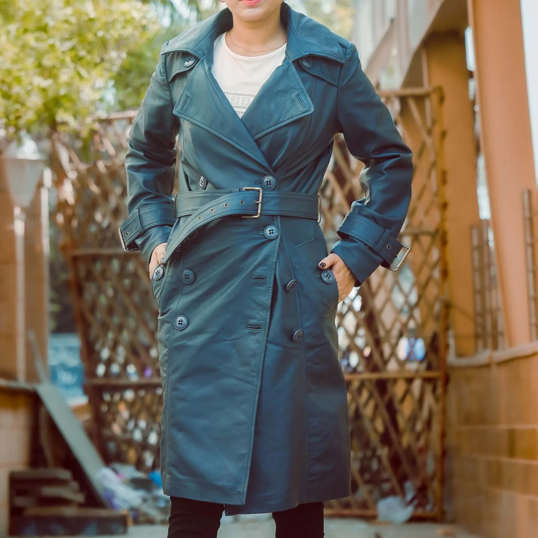 Women's Blue Double Breasted Leather Trench Coat