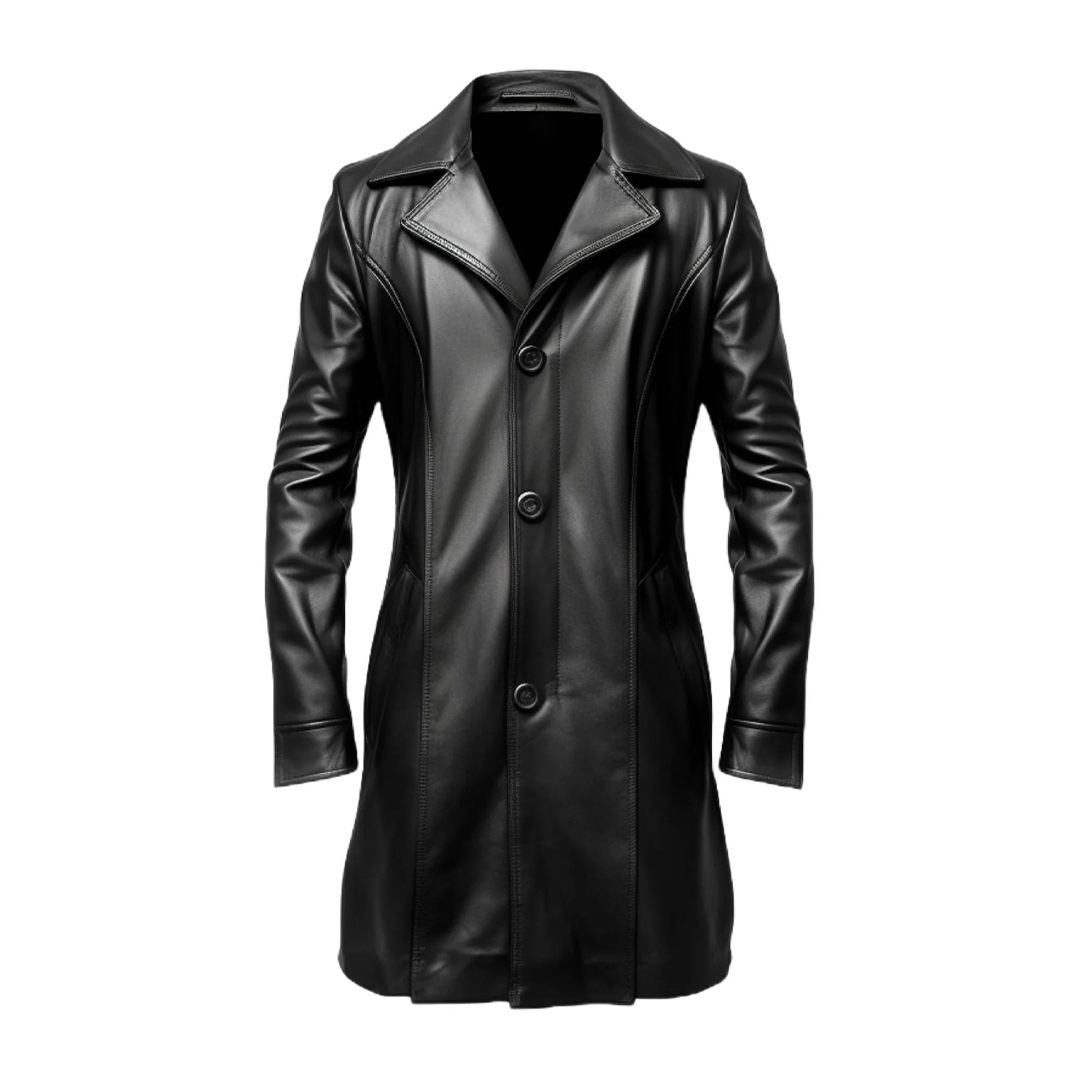 Black Stylish Button Long Leather Coat