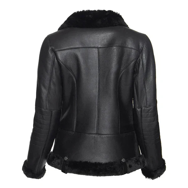 Women's Spanish Merino Faux Shearling Black Leather Jacket-Women Shearling Jacket-Wayne Leather Jackets