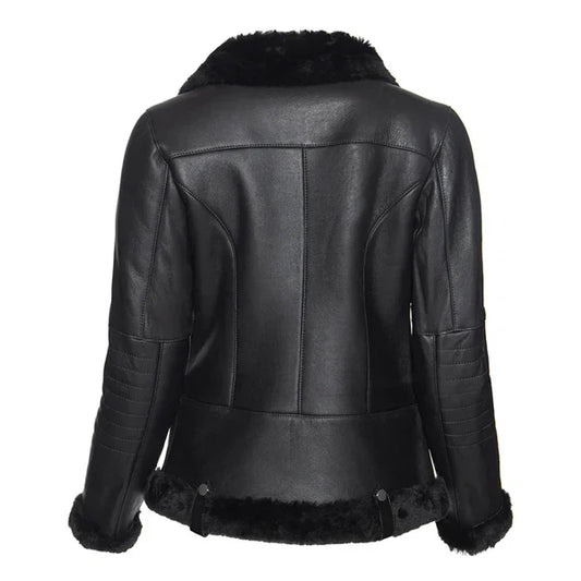 Women's Spanish Merino Faux Shearling Black Leather Jacket-Women Shearling Jacket-Wayne Leather Jackets
