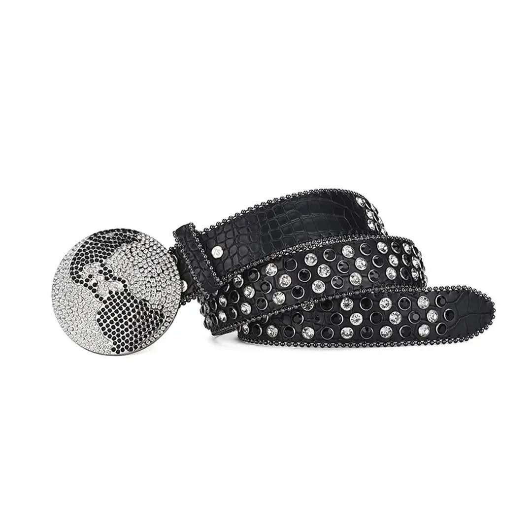 Globe Buckle with Black and Crystal Studs Rhinestone Belt-Belts-The Rhinestone Belts