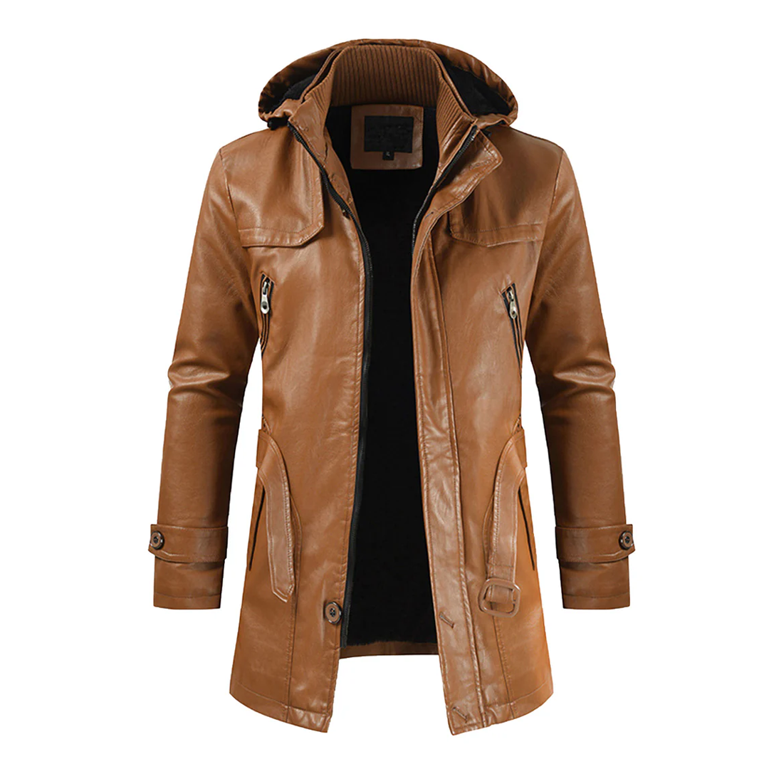 Camel Fashion Hooded Long Leather Motorcycle Coat