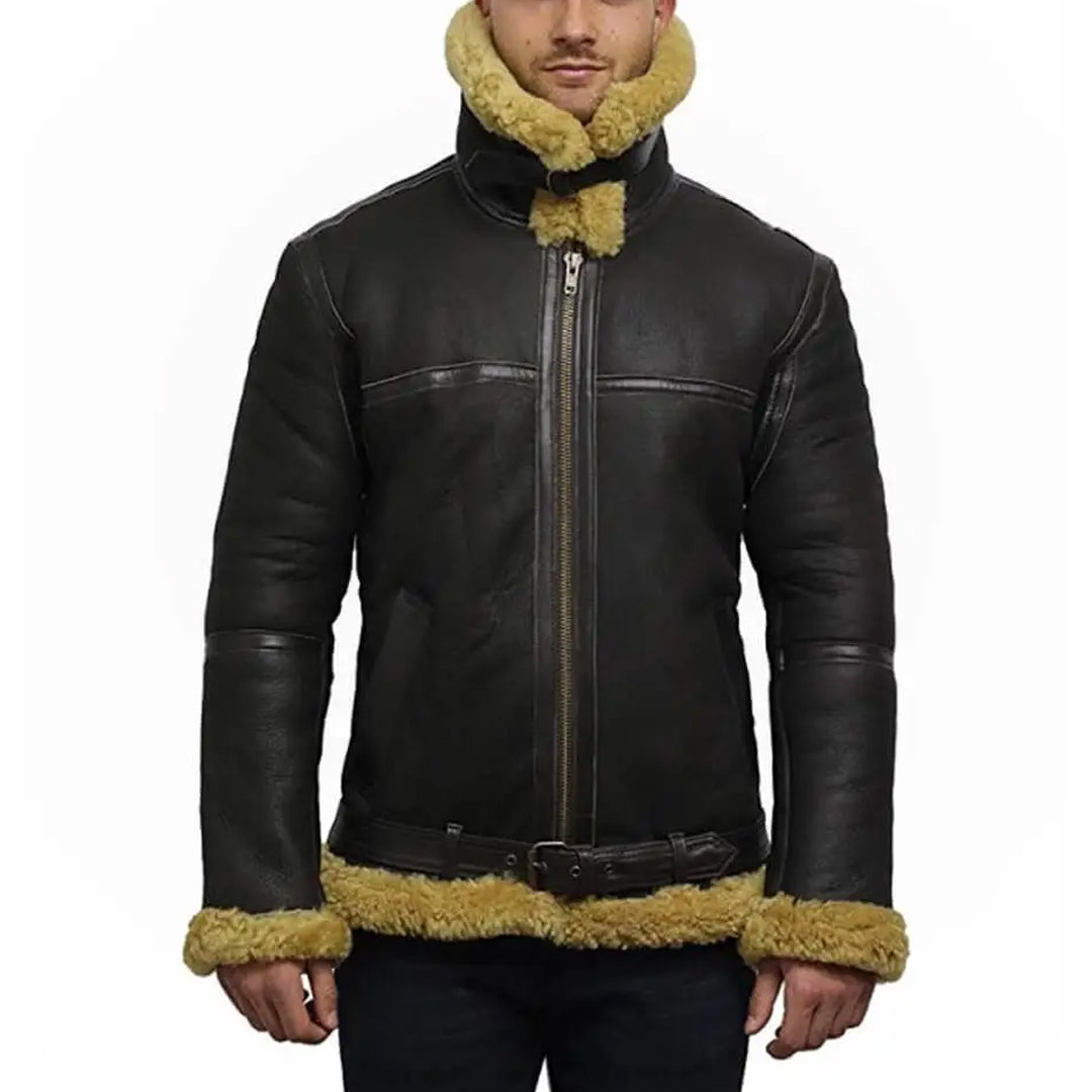 Men’s Real Shearling Bomber Black Leather Jacket