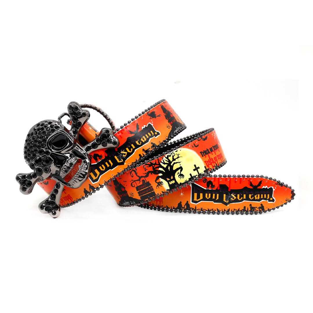 Skull Buckle with OrangeStrap for Halloween Rhinestone Belt-Belts-The Rhinestone Belts