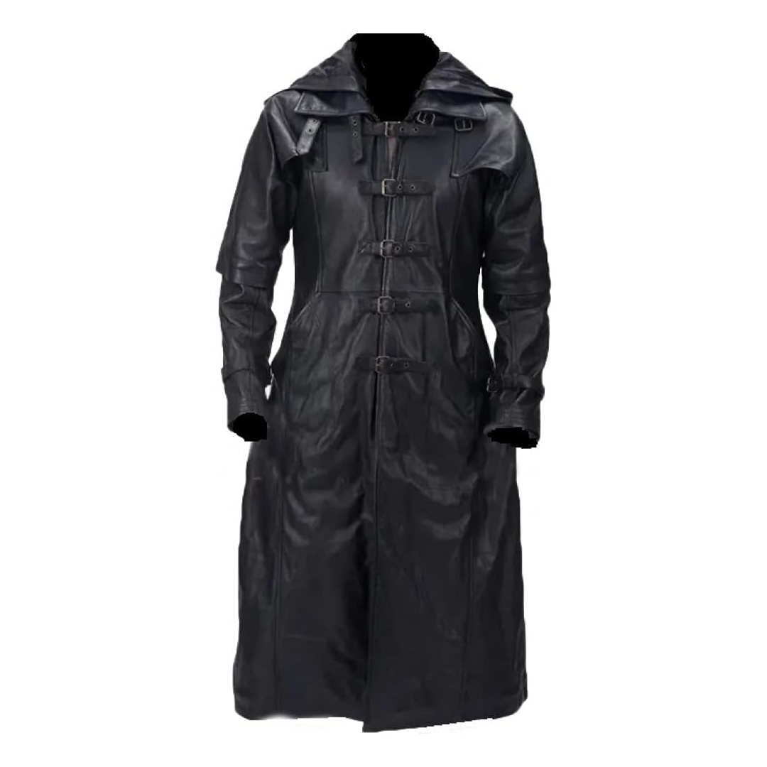 Black Hooded Goth Matrix Steampunk Long Leather Coat