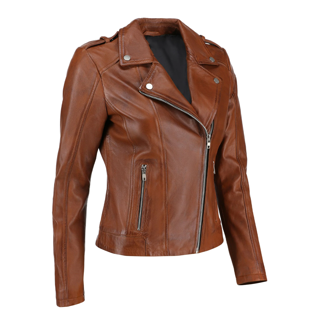 Women's Brown Zip-Up Handwaxed Moto Leather Jacket