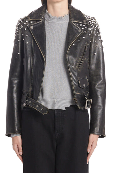 Women's Crystal Embellished Moto Leather Jacket