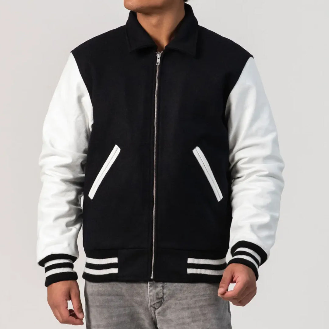 Black Body & White Leather Sleeves, Byron Collar and Zipper Varsity Jacket