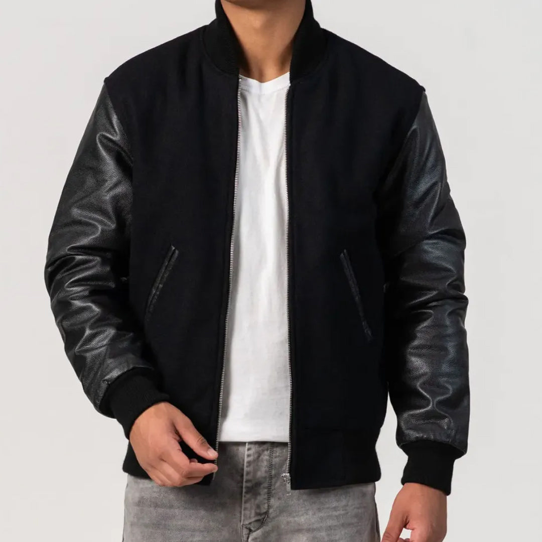 Black Melton Wool Body & Cowhide Leather Sleeves Zipper Jacket