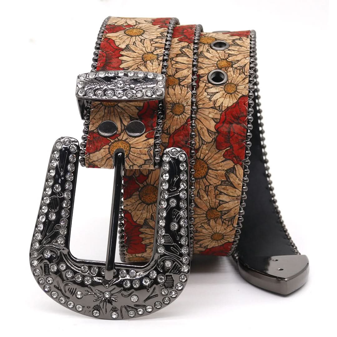 Flower Art Engraved Buckle with White Strap Rhinestone Belt-Belts-The Rhinestone Belts
