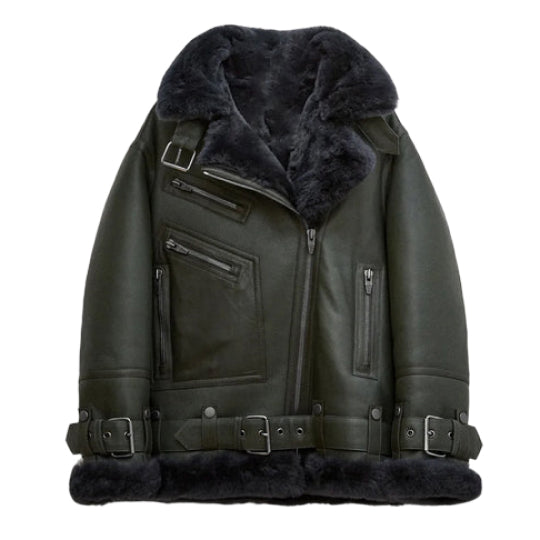 Women's Notch Faux Shearling Moto Leather Jacket-Women Shearling Jacket-Wayne Leather Jackets