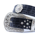 Engraved Buckle Flower Black Strap with Crystal Studs Rhinestone Belt-Belts-The Rhinestone Belts