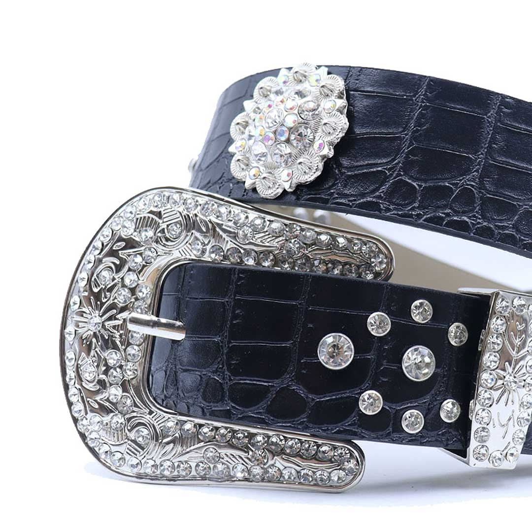 Engraved Buckle Flower Black Strap with Crystal Studs Rhinestone Belt-Belts-The Rhinestone Belts