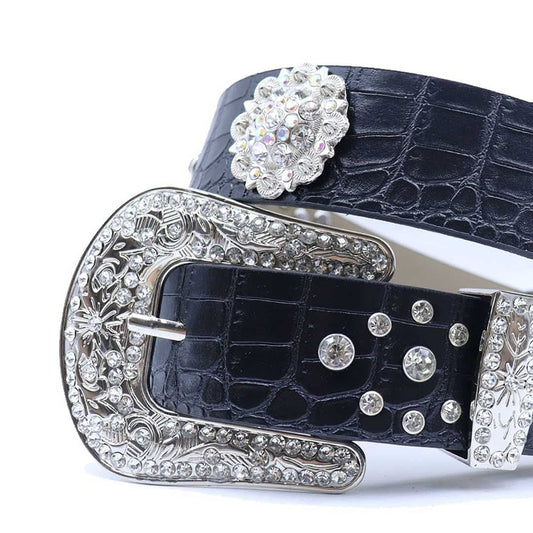 Engraved Buckle Flower Black Strap with Crystal Studs Rhinestone Belt-Belts-The Rhinestone Belts