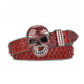Skull Buckle Red Strap with Red Studs Rhinestone Belt-Belts-The Rhinestone Belts