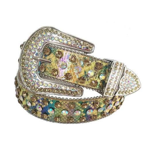 Multi Chromatic Rhinestones with Snake Texture Shiny Strap Rhinestone Belt-Belts-The Rhinestone Belts