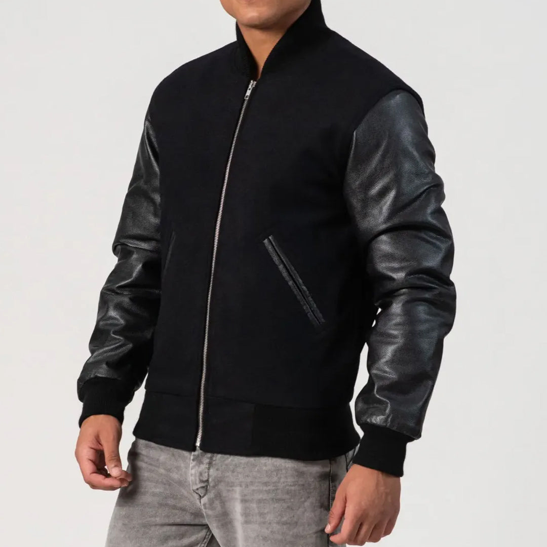 Black Melton Wool Body & Cowhide Leather Sleeves Zipper Jacket