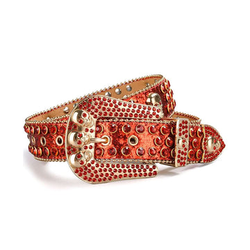 Skull Buckle Shiny Red Strap with Red Studs Rhinestone Belt-Belts-The Rhinestone Belts
