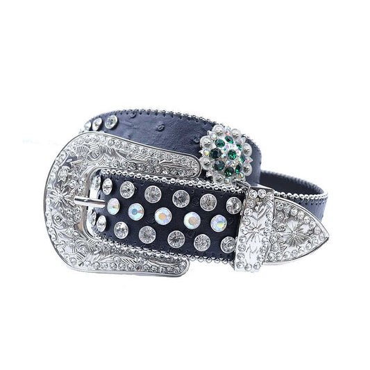 Engraved Buckle Flower Black Strap with Multi and Crystal Studs Rhinestone Belt-Belts-The Rhinestone Belts