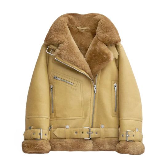 Women's Notch Faux Shearling Moto Leather Jacket-Women Shearling Jacket-Wayne Leather Jackets