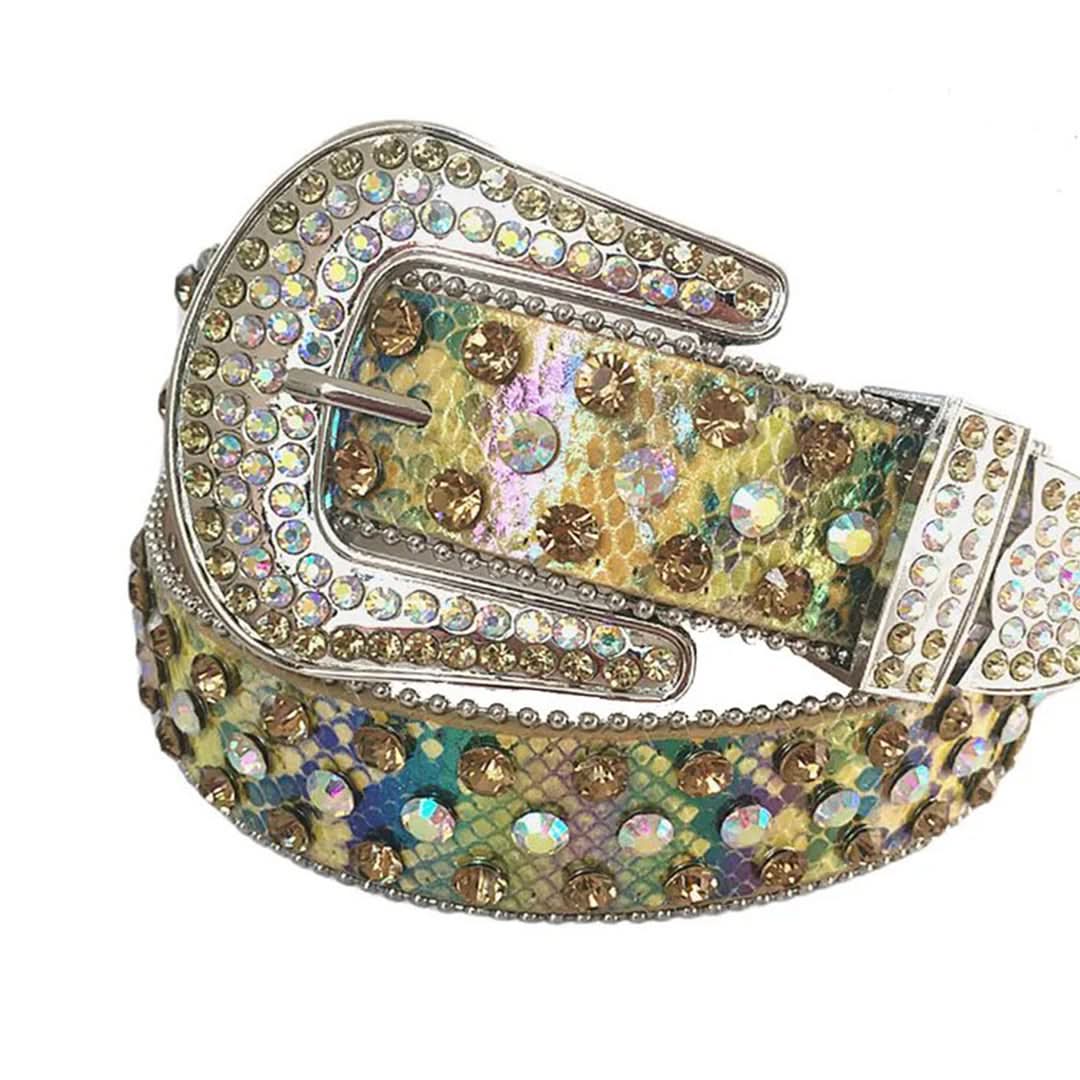 Multi Chromatic Rhinestones with Snake Texture Shiny Strap Rhinestone Belt-Belts-The Rhinestone Belts
