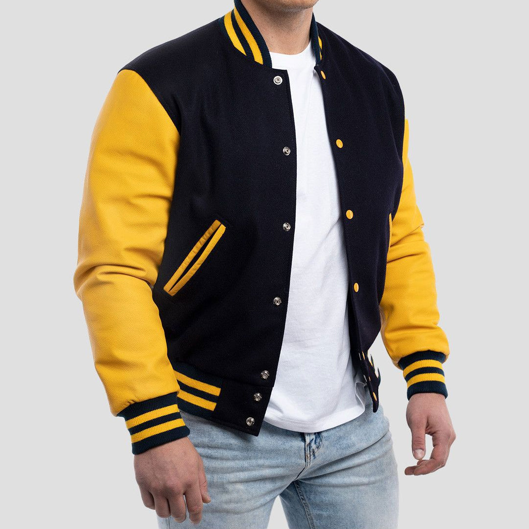 Navy Blue Wool Body & Lemon Leather Sleeves Varsity Jacket