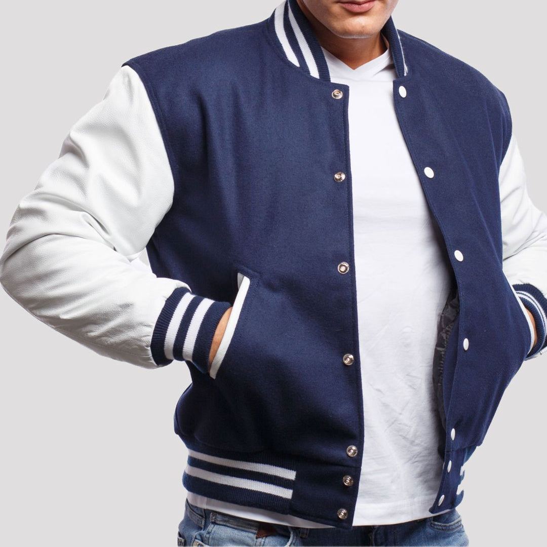 Royal Blue Wool Body & Bright White Leather Sleeves Varsity Jacket