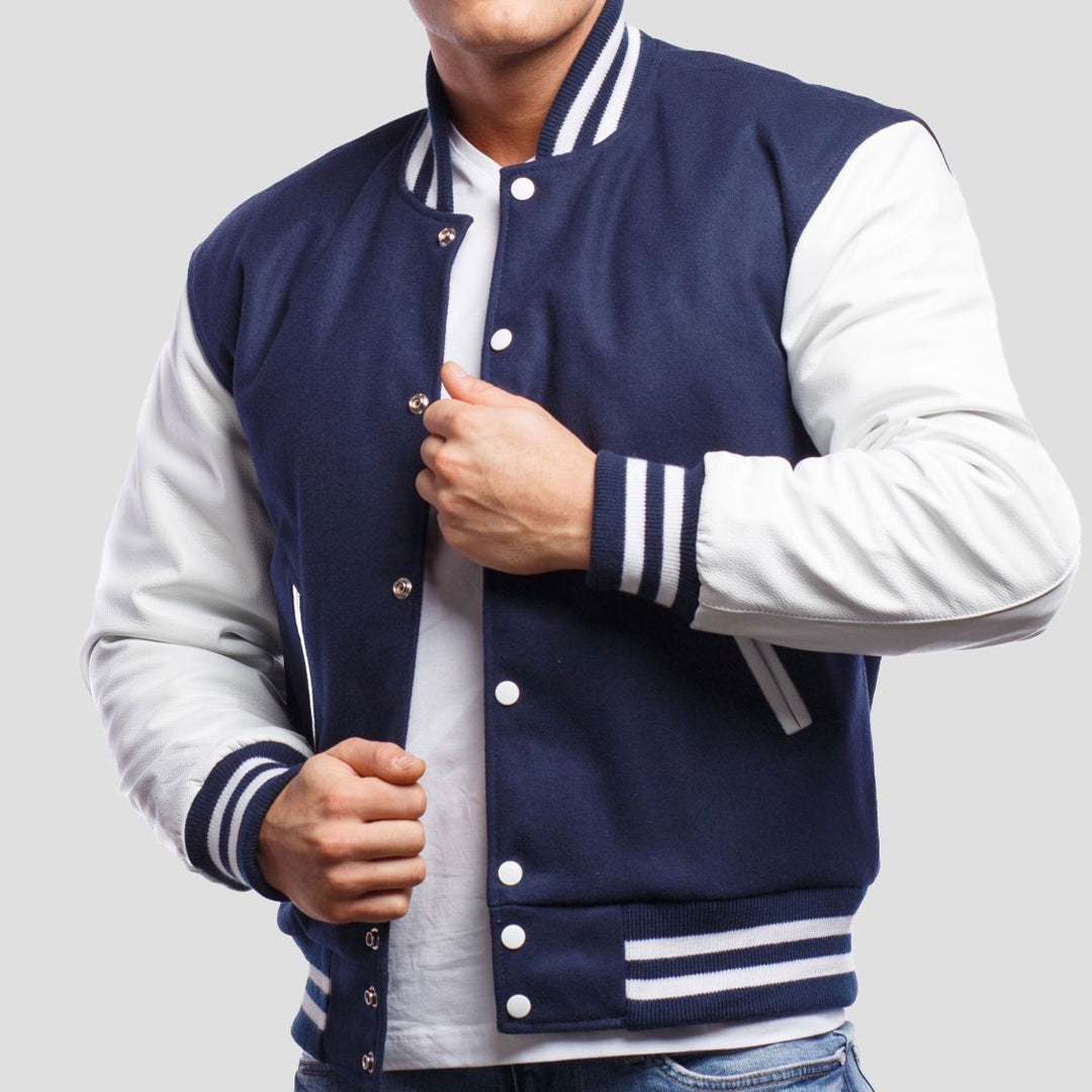 Royal Blue Wool Body & Bright White Leather Sleeves Varsity Jacket