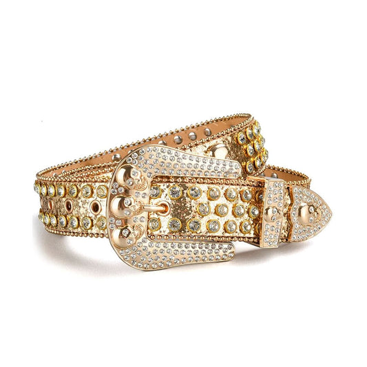 Skull Buckle Gold Strap with Crystal Studs Rhinestone Belt-Belts-The Rhinestone Belts