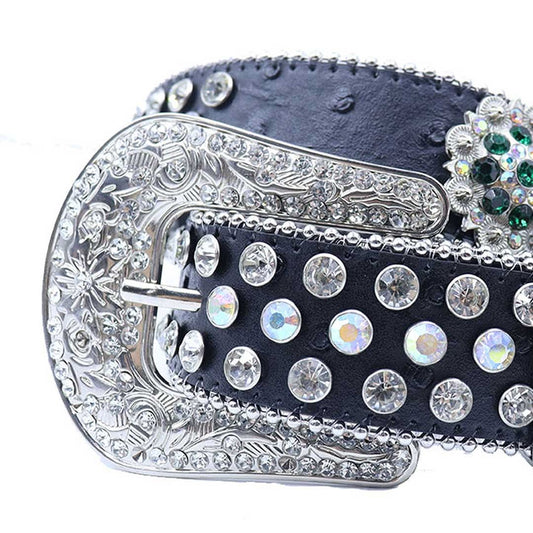 Engraved Buckle Flower Black Strap with Multi and Crystal Studs Rhinestone Belt-Belts-The Rhinestone Belts